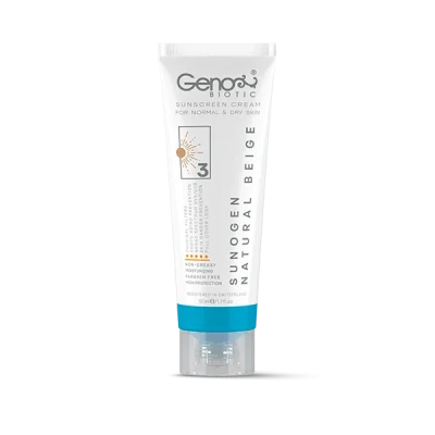 ضد آفتاب مخصوص پوست‌های خشک و معمولی ژنوبایوتیک SPF50 رنگ بژ طبیعی حجم 50 میلی لیتر